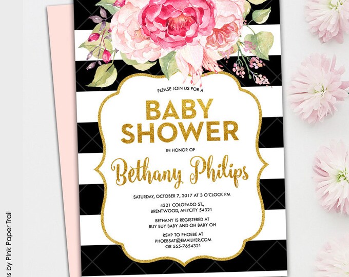 Pink Floral Glam, Black and White Stripes Gold Glitter and Floral Pink Printable Baby Shower It's a Girl Printable Invitation