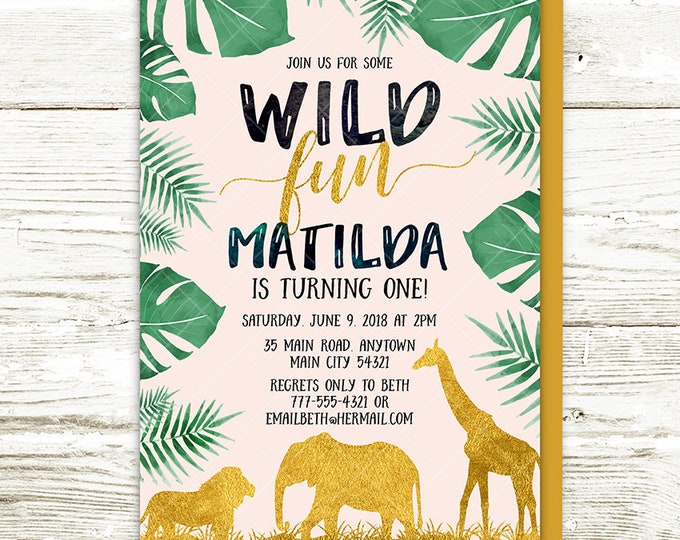 Jungle Safari Birthday Invitation, Lion Elephant Giraffe Animals Wild Fun Birthday Party, Pink Gold Green Modern Printable Invitation
