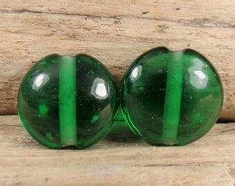 Earring Pair Lampwork Glass Beads Lentils, Emerald Green, appx 19mm, handmade glassbeads