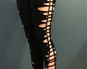 Braided Black Leggings - Nylon Blend Jersey Knit Braided Stretchy Festival Club Wear