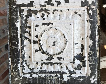 Genuine Antique Ceiling Tile -- 12" x 12" -- Chippy White Paint -- Beautiful Framed Design