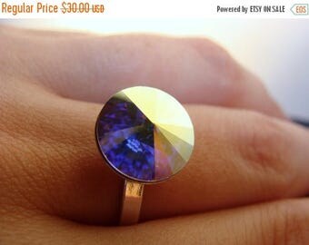 Sterling Silver Swarovski Crystal AB 12 mm Rivoli Ring size 7.5