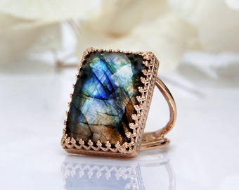 Rose Gold Labradorite ring,gemstone ring,rectangular ring,large ring,big statement ring,natural stone ring,bridal ri