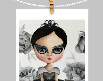 Black swan pop surrealism big eyed, swan girl art PRINT queer art fairytale, ooak blythe, girl portrait, blythe girl painting 8x10inch