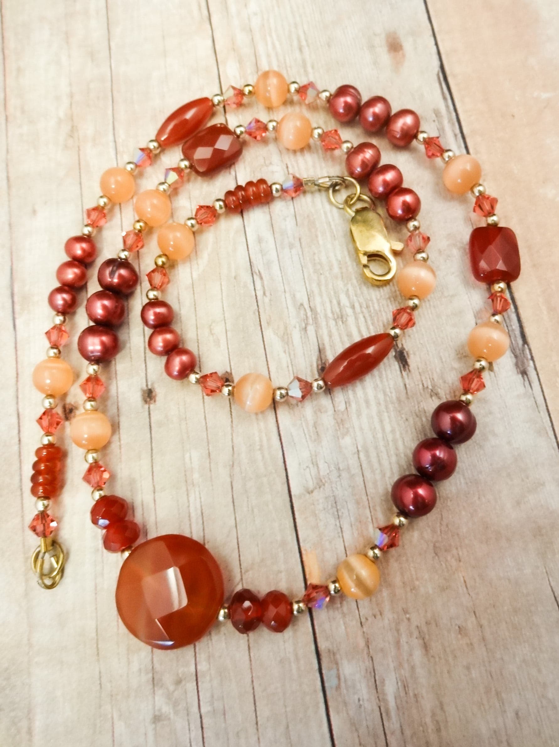 Carnelian, Peach Fiber Optic, Pearl and Swarovski Crystal Necklace