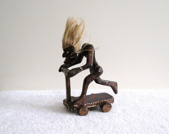 Tiki Scooter Rider, Tribal Wood Carving, Polynesian Folk Art, Ugly Wild Man Skateboarder, Hand Carved Beach House Decor