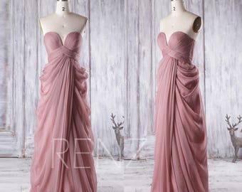 Bridesmaid Dress Dusty Rose Sweetheart Wedding Dress, Strapless Prom Dress, Asymmetric Draped Evening Gown Floor Length (T165)