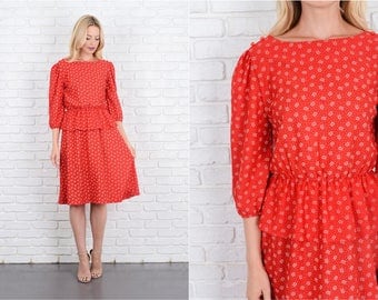 Vintage 80s Red Peplum Dress Puff Sleeve Floral + Polka Dot Print Small S 10042