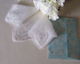 Wedding Handkerchief, Bridal Hanky, Heart Shaped Embroidery for a Bride's Something Old Shower Gift, Happy Tears Memento with Gift Envelope