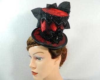 Tophat red black Minihat Fascinator Gothic Hat Burlesque Cocktail Derby Bibi Chapeau Victorian Steampunk Bridal Hat Church Wedding