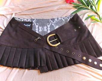 Steampunk mini skirt Dark brown nubuck leather Burning man leather ruffled steampunk skirt