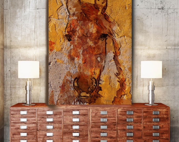 Yellow Horse. Extra Large Horse, Unique Horse Wall Decor, Rustic Horse, Large Contemporary Canvas Art Print up to 72" by Irena Orlov