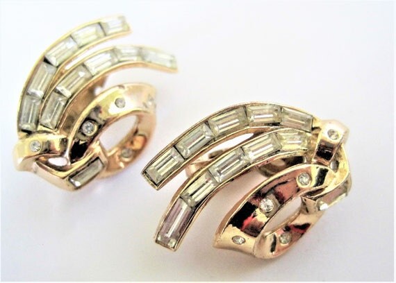 Crown Trifari Earrings - Comet Rhinestones - Pat Pend Clip Ons - Book Piece