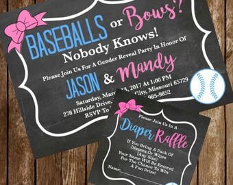 Baseballs Or Bows Gender Reveal Sports Invitation & Diaper Raffle Ticket Download