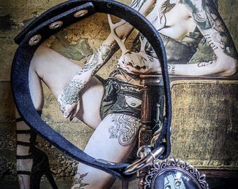 Mexican Sugar Skulls calavera boho♰Tattooed Alice♰ gypsy cameo silver black leather necklace
