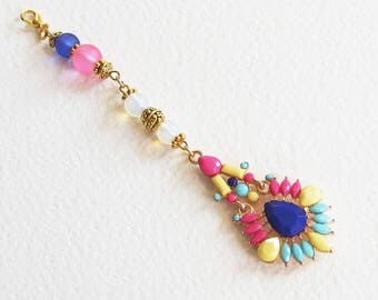 Pendentif pour Sautoir Chic et Coloré - Perles de verre, Gemme Pierre de Lune, Cabochon, Métal doré - Bijou créateur, pièce unique