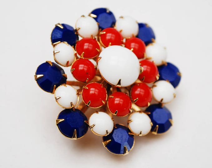 Red White blue Brooch - Colorful Glass Rhinestone - Patriotic - Mid Century - Circle Flower pin