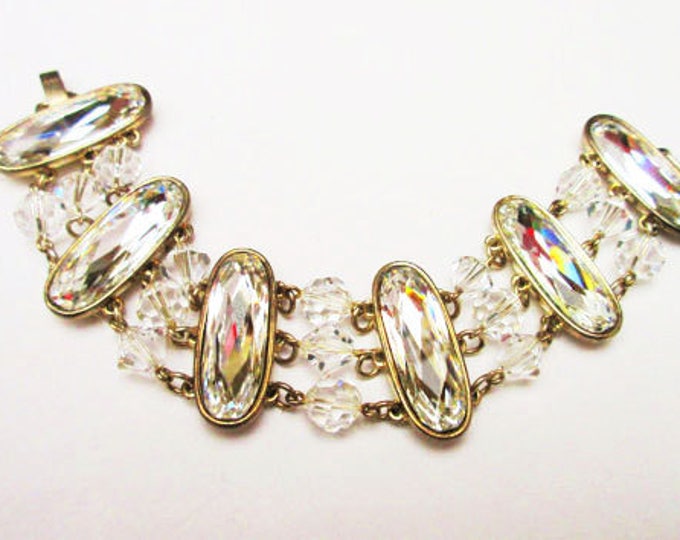 Wide Crystal Bracelet - facet cut oval crystals -gold tone setting - glass beads Vintage - wedding bride