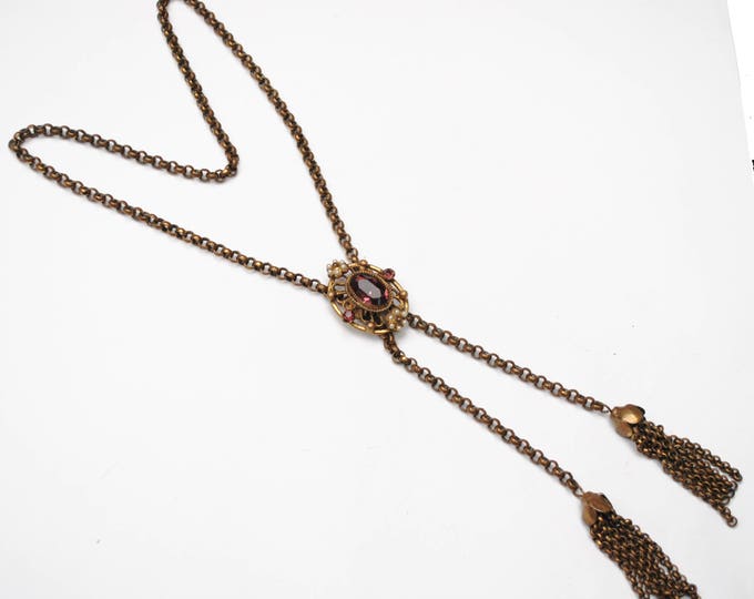 Adjustable Slider Amethyst Purple stone necklace - Brass gold chain - White seed pearl Tassel bolo tie - Victorian Revival necklace