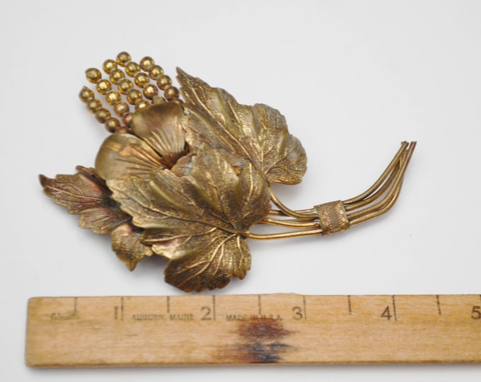 Large Gold Brass Leaf Brooch - Brassy gold metal - Floral leaves - golden repousse Pin