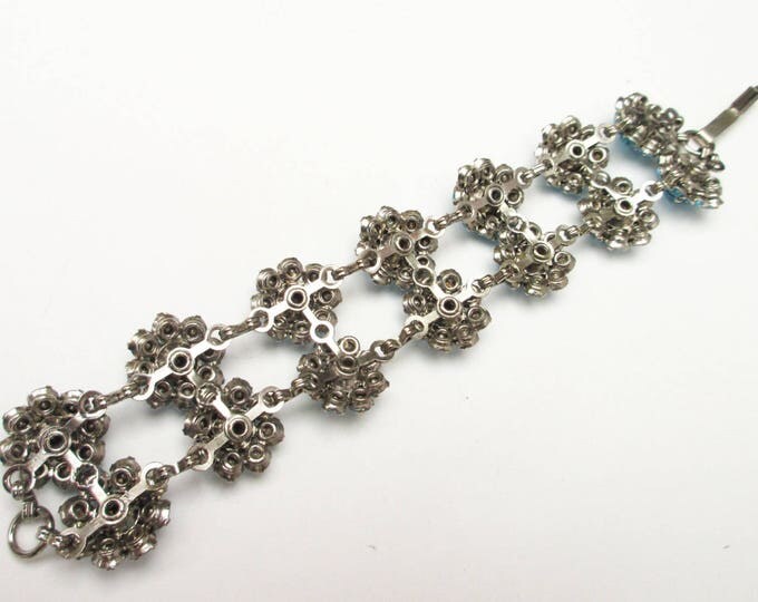 Blue rhinestone bracelet - double strand Link - Rhinestone flower - mid century - light baby blue bangle