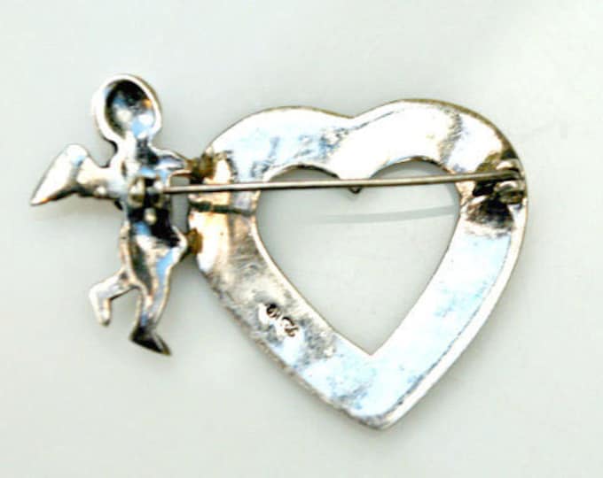 Sterling Heart Brooch - Sterling Silver - Marcasite - Cupid pin