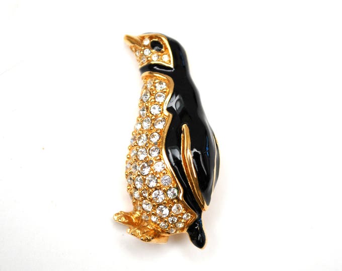 Swarovski Penguin Brooch - Swan signature clear rhinestone - Black enamel - gold metal - Figurine Pin
