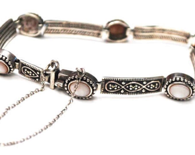 Sterling Link Bracelet - Mother of Pearl - Marcasite - silver tennis bracelet - Bangle