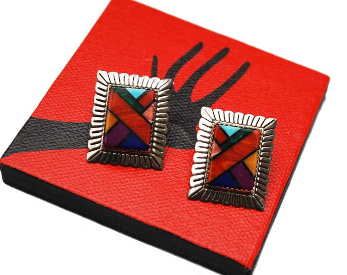 Sterling Zuni Earrings - Signed QT - Coral Turquoise Gemstone inlay - southwestern -Rectangle pierced earrings