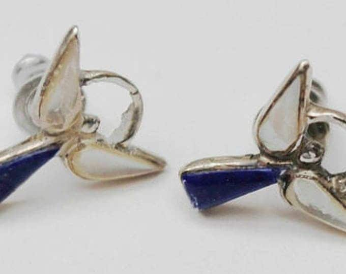 Sterling Angel Stud Earrings -Blue Lapis gemstone -White mother of pearl - pierced earring