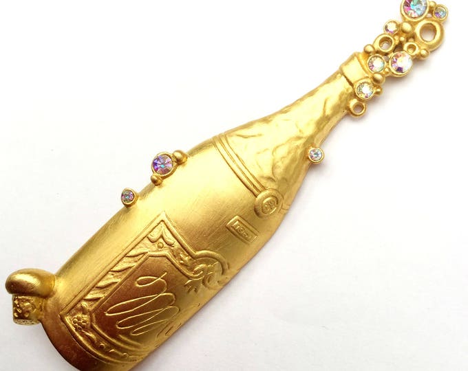 Champagne bottle Brooch - Signed JJ-Jonette Jewelry company - Gold - Rhinestone - figurine pin