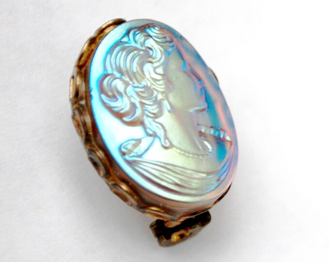 Small Glass Cameo Brooch - molded glass - Gold Metal - blue iridescent women profile - oval pin