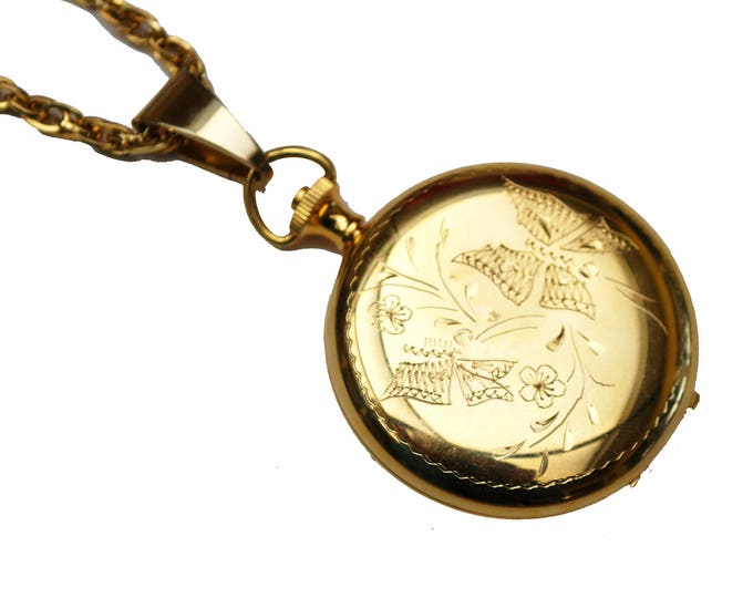 Gold Locket Pendant -Butterfly etched design - two photos - Victorian revival pendant