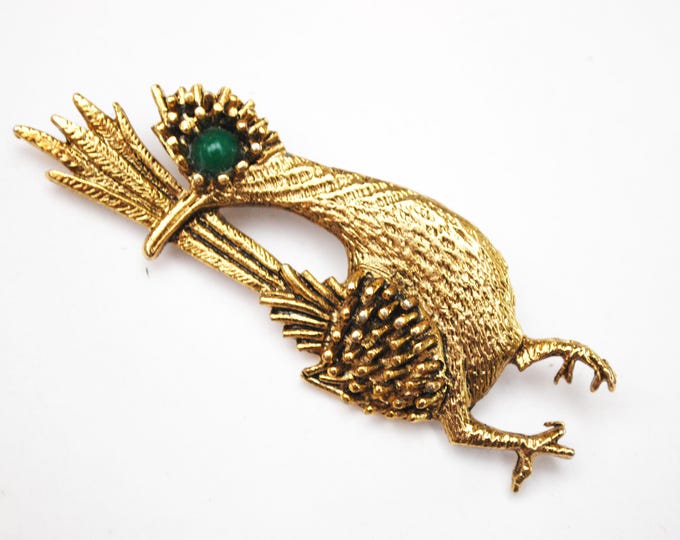 Road Runner Bird Brooch -Signed Ambassoder - Gold metal - green eye - figurine bird pin