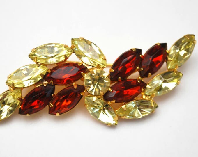 Rhinestone Bar Bow Brooch - Light yellow Crystal - dark Orange Glass -- gold setting Floral pin