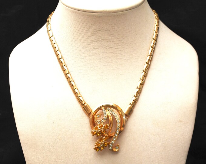 Rhinestone flower necklace - gold flat chain- orange clear crystal - collar necklace