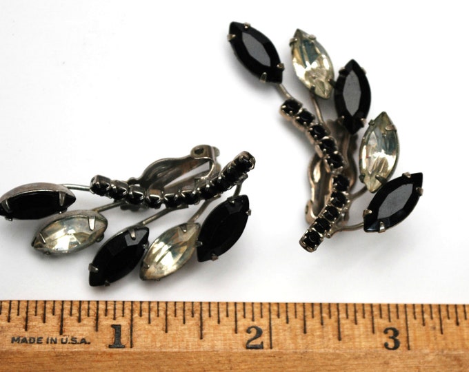 Rhinestone Climbing earrings - Black and Clear crystal - Floral - Mid century large clip on earrings Wedding Bride
