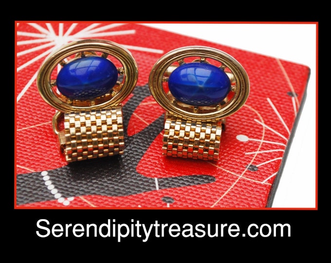 Blue Star Sapphire Glass Cufflinks - Blue glass Cabochon - fold over gold wrap mesh metal