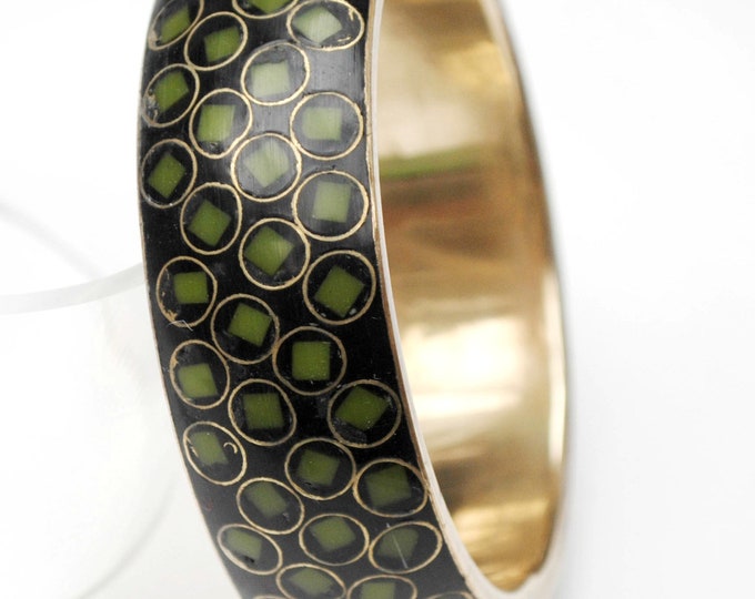 Brass bangle - Green Enameling Gold Polka dot -Boho bracelet