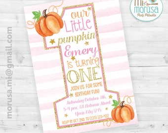 Our Little pumpkin is turning one, first birthday, halloween printable invitation, no instant dowload file.