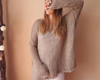 Oversized Plus Size Hand Knit Sweater Jumper Tunic Loose Knit Women's Sweater Gold