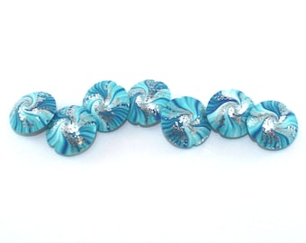 Beads for jewelry making, unique focal beads, polymer clay beads, swirl lentil beads in blue, turquoise and white, 7 elegant beads