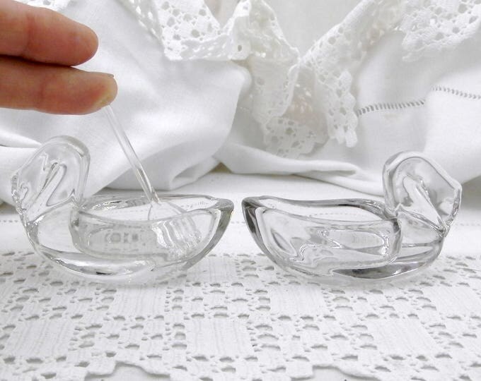 Vintage Glass Duck Salt and Pepper Serving Vessels Glass Spoon with Wooden and Metal Tray From France, French Salt N Pepper Tableware