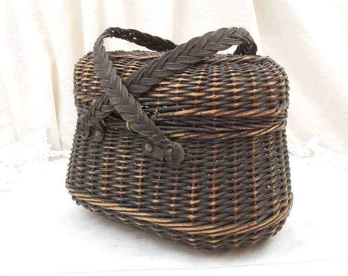 Antique French Black Wicker Lidded Basket, Market Basket for Eggs with Lid and 2 Handles from France, Traditional Victorian Shopping Decor