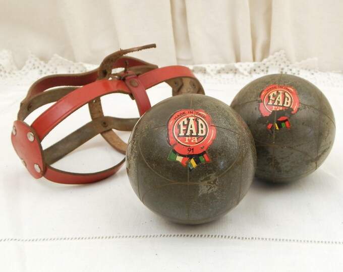 Vintage 1950s Wooden Lignum Vitae Boule / Petanque Balls Made in Italy by Fabra with Red Leather Carrying Case, French Bowling Balls