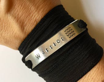 Warrior Bracelet - Silk Wrap Bracelet - Yoga Wrap Bracelet - Be A Warrior - Hand Stamped Bracelet - Fearless - Gift for her - wave bracelet