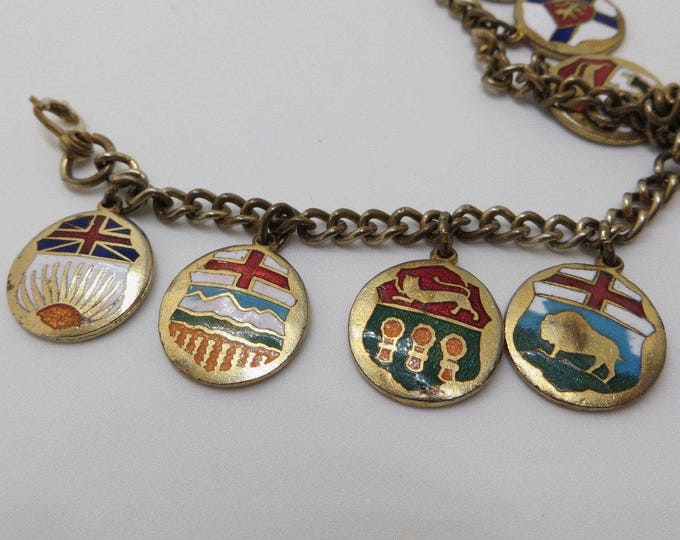 Vintage Enamel Charm Bracelet, Canadian Provinces, Ten Regions Canada, Vintage Souvenir Charms