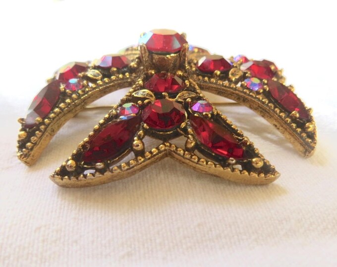 Maltese Cross Brooch, Vintage Malta Cross Pin, Red Rhinestone, Maltese Pendant, Navette Stones, Sparkling Beauty