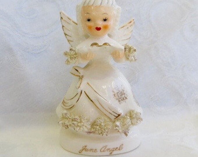 Vintage Angel Figurine, June Bride Wedding, Porcelain Cherub with Wedding Rings, Bridal Figurine 1950s