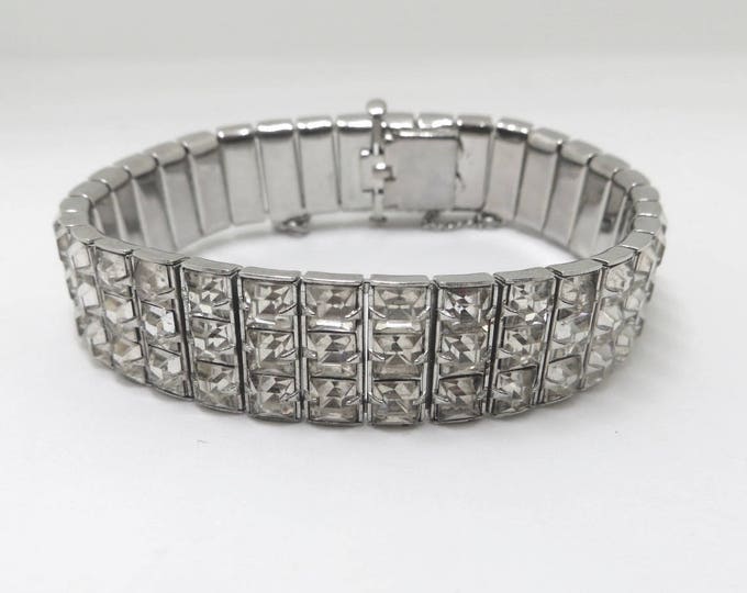 Art Deco Crystal Bracelet, Channel Set, Rhodium Setting, 1950s Bracelet, Wedding Bridal Jewelry, Crystal Clear Stones